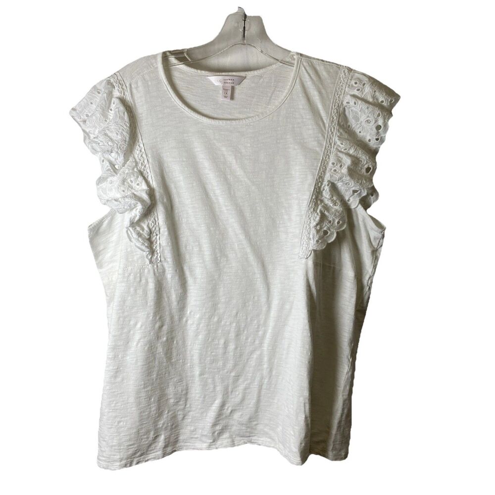 Lauren Conrad Womens - 1X - Eyelet Ruffle Cap Sleeve Slightly Slubby Jersey Top